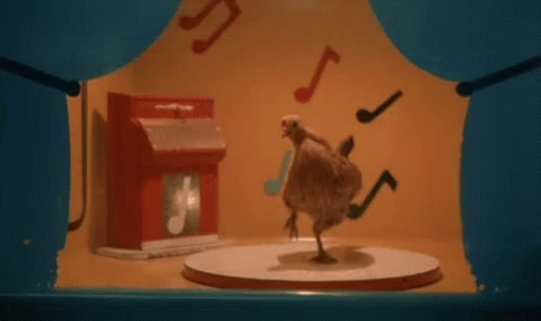 Chicken Standing On Round Table With Music Notes GIF