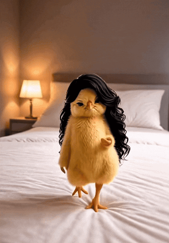 Chicken With Black Wig on Bed