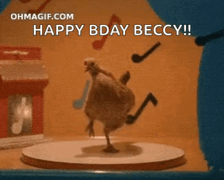 Chicken with Microphone Saying Happy Bday Becky