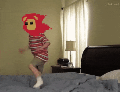 Child Jumping on Bed With Pixelated Lion Face