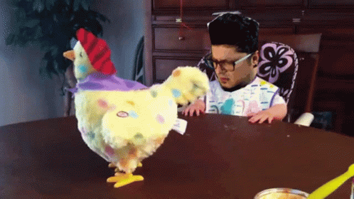 Child Playing With Stuffed Chicken Tag Saying Chicken