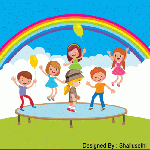 Children Are Jumping On A Trampoline Under A Rainbow GIF