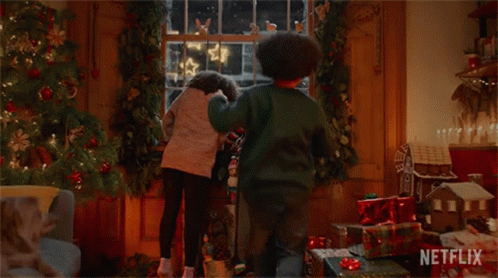 Children Looking Out Window at Christmas Tree