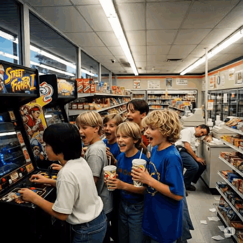 Children Playing Street Fighter II In Store GIF