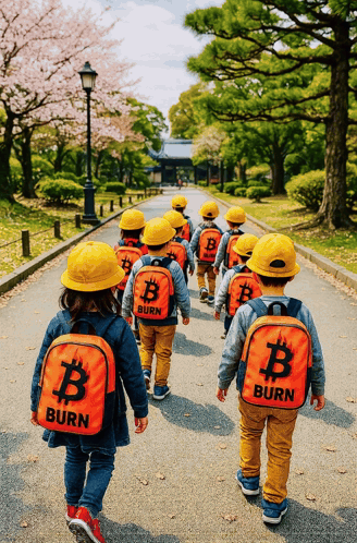 Children With Backpacks Saying Burn Walking GIF