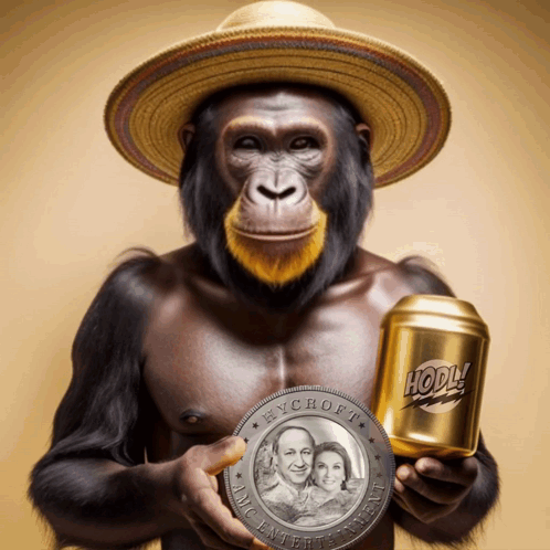 Chimpanzee In Straw Hat Holding Gold Can HODL GIF