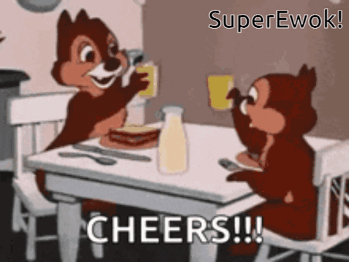Chip And Dale Are Sitting At A Table Drinking Juice And Toasting GIF