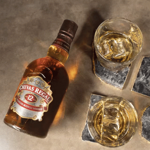 Chivas Regal Bottle with Two Glasses