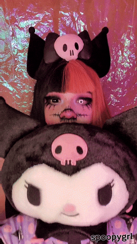 Chococat Woman Holding Kuromi Big Stuff Toy GIF