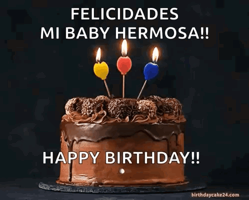Chocolate Birthday Cake With Three Lit Candles