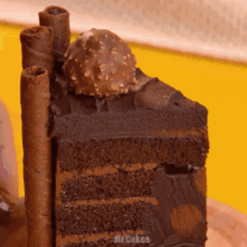 Chocolate Cake Slice on Yellow Background