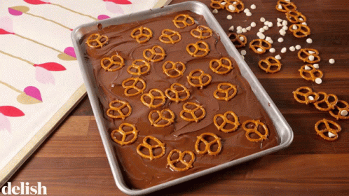 Chocolate Covered Pretzels And Marshmallows Tray Saying Delish GIF