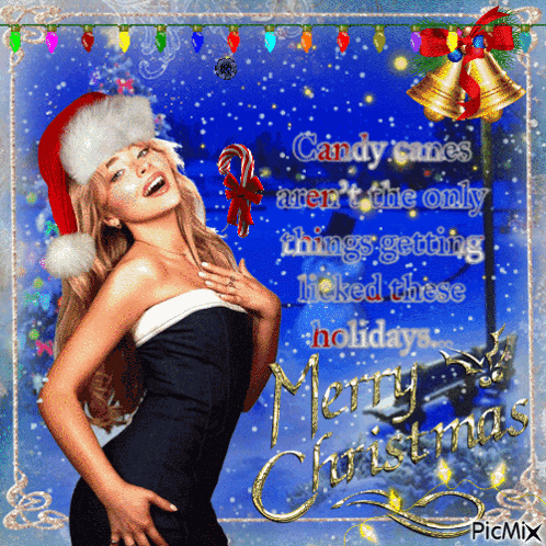 Christmas Card With Woman in Santa Hat and Candy Canes
