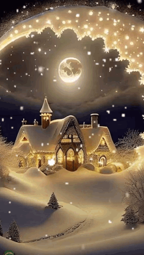 Christmas Scene With Snowy House and Full Moon