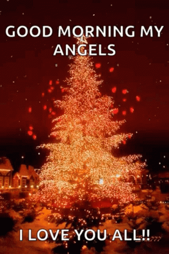 Christmas Tree Lit at Night Saying Good Morning My Angels I Love You All