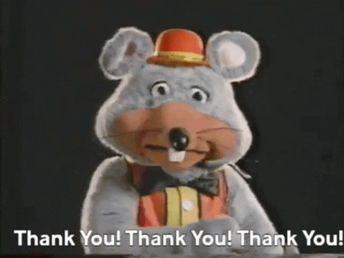 Chuck E Cheese Is Wearing A Hat And Bow Tie And Is Saying Thank You . GIF