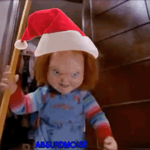 Chucky Doll with Santa Hat Holding Pole