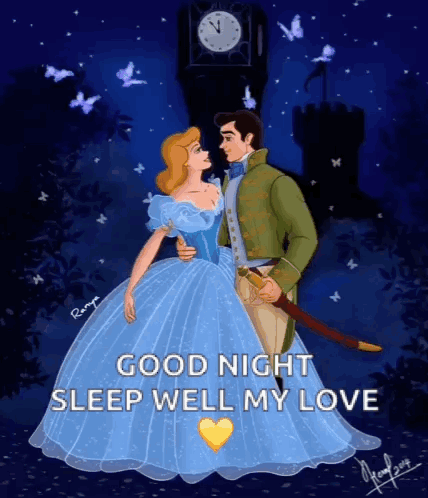 Cinderella And Prince Charming Are Dancing In Front Of A Clock Tower And The Words Good Night Sleep Well My Love GIF