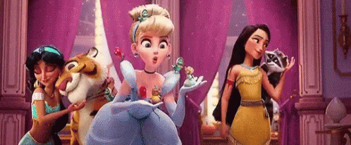 Cinderella , Jasmine , And Pocahontas From Disney Princess Are Standing Next To Each Other In A Room . GIF