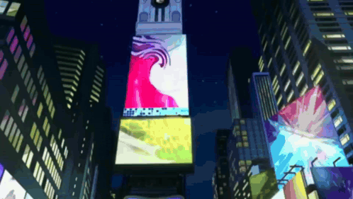 City at Night With Clock Tower and Times Square Billboard