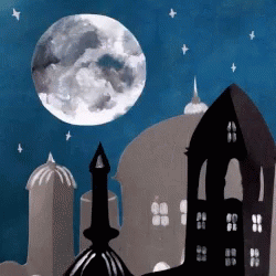 City At Night With Full Moon And Stars GIF