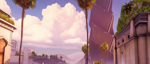 City Painting with Palm Trees and Purple Sky