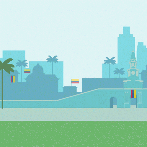 City With Clock Tower And Flags GIF