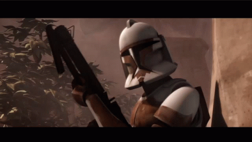 Clone Trooper Holding Gun in Dark Room