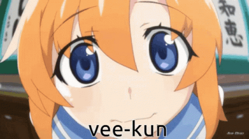 Close Up Cartoon Character With Vee-Kun Below GIF