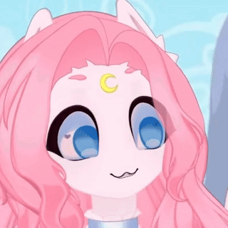 Close Up of Cartoon Character With Pink Hair and Moon on Forehead
