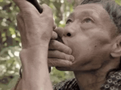 Close Up of Man Blowing Horn in Woods