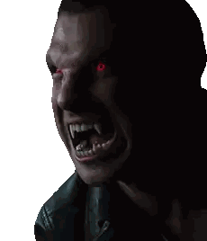Close Up of Man With Red Eyes and Fangs