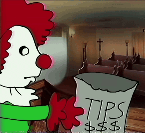 Clown Holding Bag Saying Tips $$$ GIF