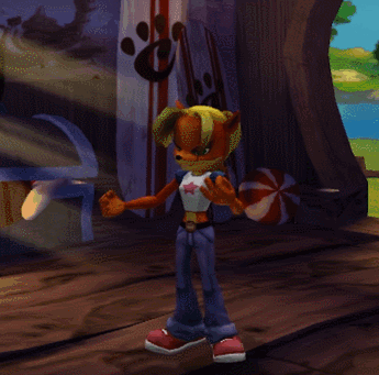Coco from Crash Bandicoot Standing in Front of Surfboard