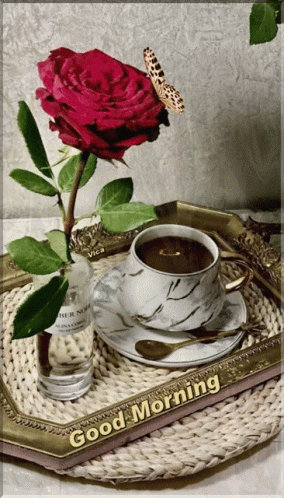 Coffee and Rose on Tray Saying Good Morning