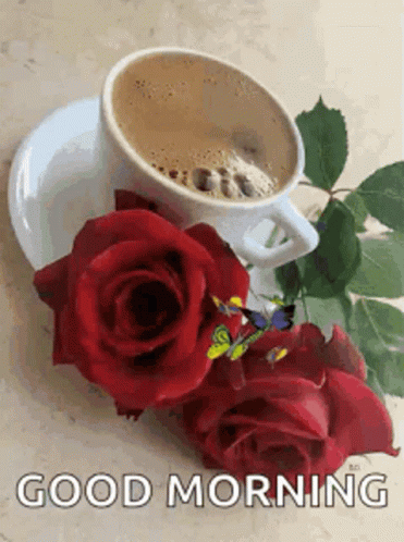 Coffee And Two Red Roses Good Morning GIF