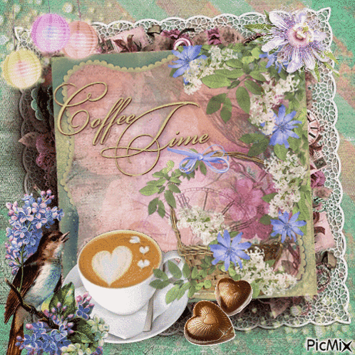 Coffee Cup And Flowers Saying Coffee Time GIF