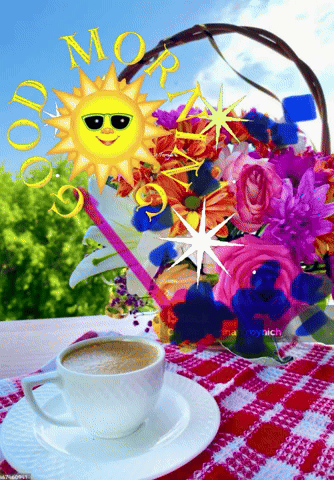 Coffee Cup, Basket Of Flowers, Sun In Sunglasses GIF