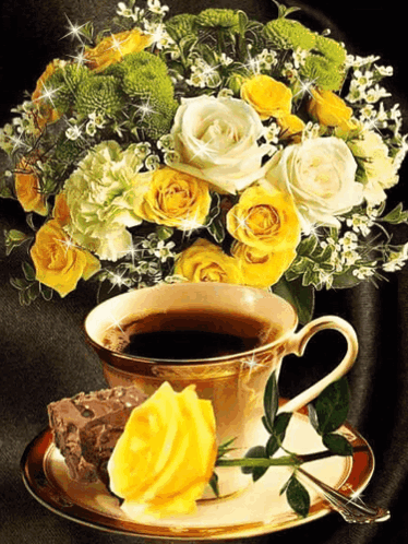 Coffee Cup Beside Yellow And White Flower Bouquet GIF