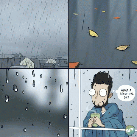 Coffee Cup In Front Of Rainy Window With Leaves GIF