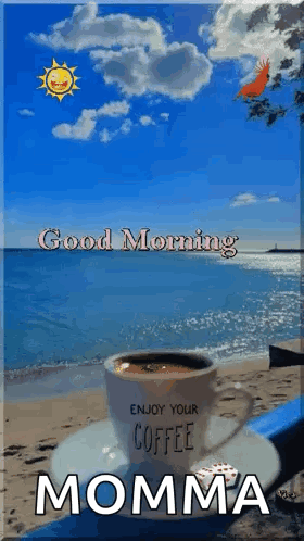 Coffee Cup On Beach With Good Morning Momma GIF