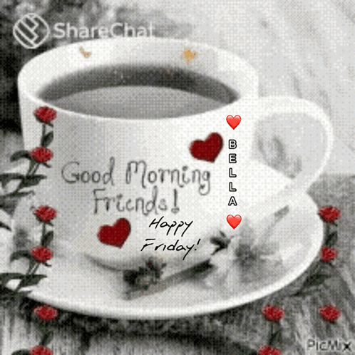 Coffee Cup On Saucer Saying Good Morning Friends GIF