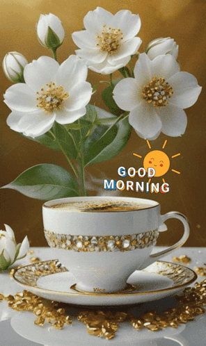 Coffee Cup on Saucer with Bouquet and Good Morning