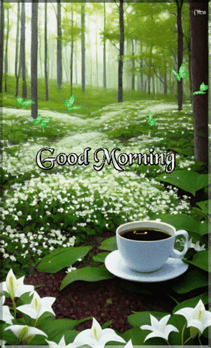 Coffee Cup On Saucer With Forest And Good Morning GIF