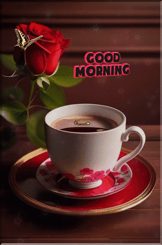 Coffee Cup on Saucer with Red Rose Good Morning