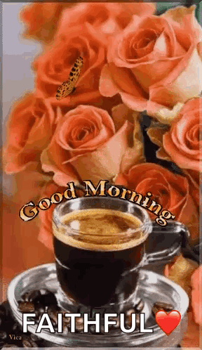 Coffee Cup On Saucer With Roses And Butterfly GIF