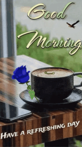 Coffee Cup With Blue Rose and Good Morning
