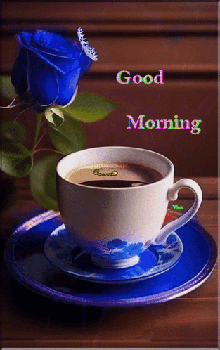 Coffee Cup With Blue Rose Good Morning