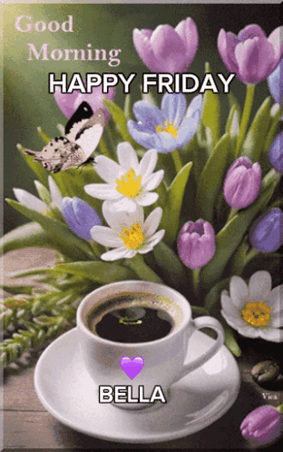 Coffee Cup With Flowers Saying Good Morning Happy Friday Bella GIF