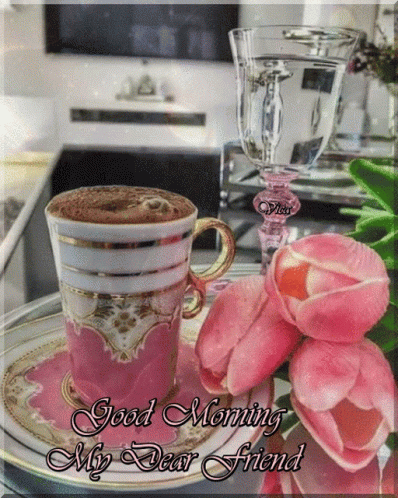 Coffee Cup With Pink Flowers Good Morning